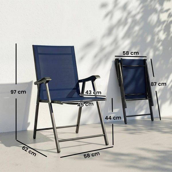 Folding Garden Chairs Set of 4, Foldable Garden Dining Chairs with High Back and Armrests, Breathable Texteline Folding Outdoor Chair Set with Metal Frame for Patio, Balcony, Navy Blue
