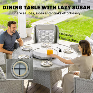 6 Seater Rattan Garden Dining Set with Lazy Susan, Round Garden Table and Chairs with Marble Effect Glass Table, Cushions and Pillows, Aluminium Frame Outdoor Furniture Set for Patio, Grey