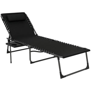 Folding Chaise Lounge Chair Outdoor Tanning Chair with Side Table, 5-Level Adjustable Beach Lounge Chair with Headrest, Side Pocket for Patio, Backyard, Beach, Poolside, Black