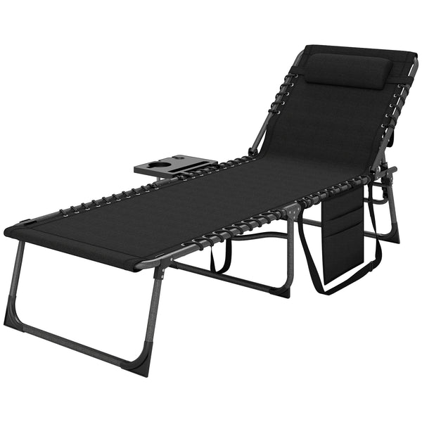 Folding Chaise Lounge Chair Outdoor Tanning Chair with Side Table, 5-Level Adjustable Beach Lounge Chair with Headrest, Side Pocket for Patio, Backyard, Beach, Poolside, Black