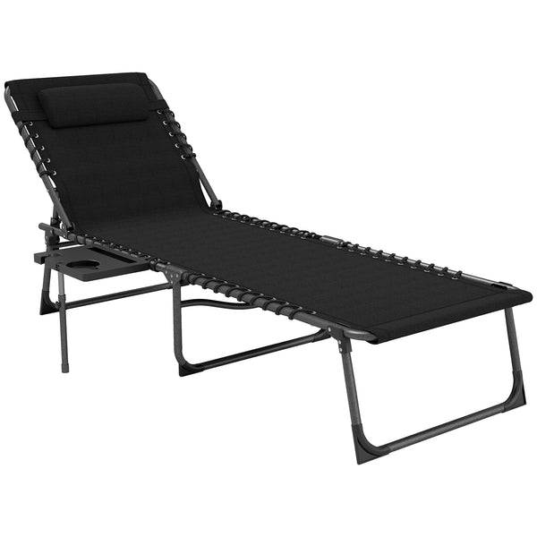 Folding Chaise Lounge Chair Outdoor Tanning Chair with Side Table, 5-Level Adjustable Beach Lounge Chair with Headrest, Side Pocket for Patio, Backyard, Beach, Poolside, Black