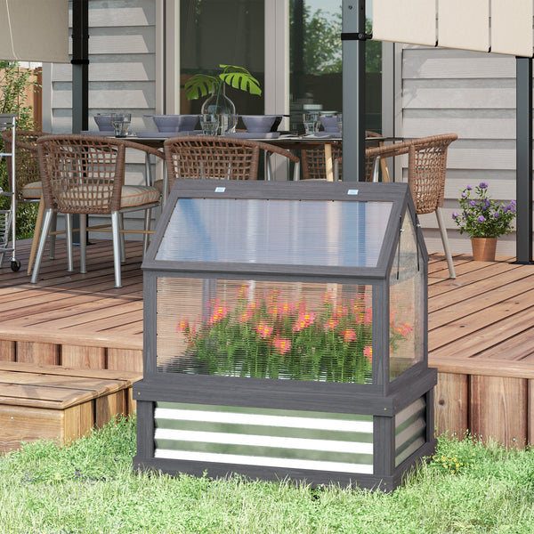 Raised Garden Bed with Polycarbonate Greenhouse, Wooden Cold Frame Greenhouse, Garden Flower Planter Protection, Peak Roof, 35.5" x 22.5" x 38.25", Gray