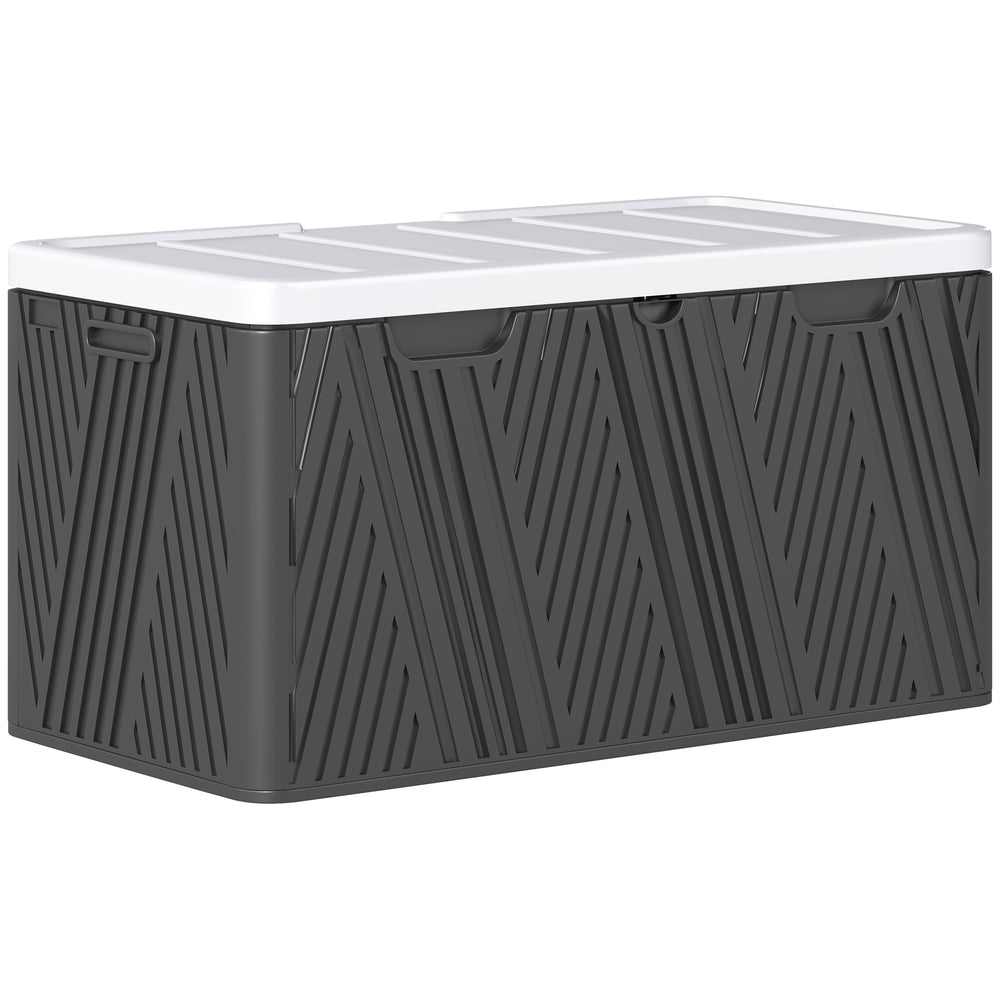 380L Garden Storage Box Outdoor Storage Box Waterproof with Lockable Lid and Moulded Handles, Double-Layer Wood Effect HDPE Deck Box, 115 x 60 x 60 cm