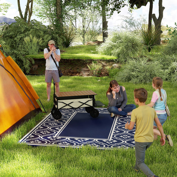 Reversible Outdoor RV Rug with Carry Bag, 8' x 10' Patio Floor Mat, Plastic Straw Rug for Backyard, Deck, Picnic, Beach, Camping, Gourd Border, Blue and White