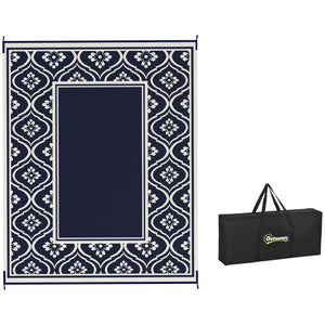 Reversible Outdoor RV Rug with Carry Bag, 8' x 10' Patio Floor Mat, Plastic Straw Rug for Backyard, Deck, Picnic, Beach, Camping, Gourd Border, Blue and White