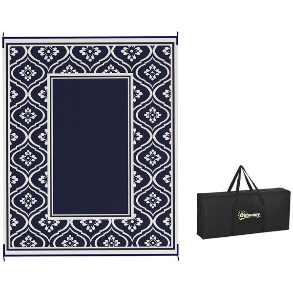 Reversible Outdoor RV Rug with Carry Bag, 8' x 10' Patio Floor Mat, Plastic Straw Rug for Backyard, Deck, Picnic, Beach, Camping, Gourd Border, Blue and White