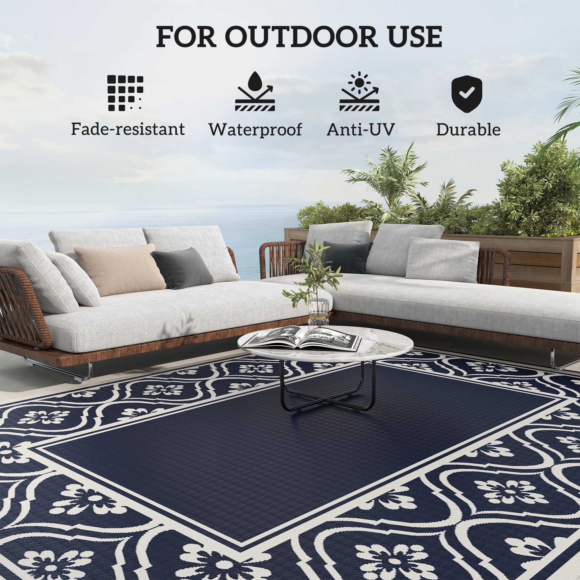 福  Outsunnny Reversible Outdoor RV Rug with Carry Bag, 8' x 10