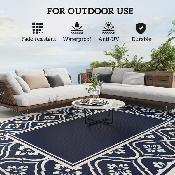 Reversible Outdoor RV Rug with Carry Bag, 8' x 10' Patio Floor Mat, Plastic Straw Rug for Backyard, Deck, Picnic, Beach, Camping, Gourd Border, Blue and White