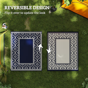 Reversible Outdoor RV Rug with Carry Bag, 8' x 10' Patio Floor Mat, Plastic Straw Rug for Backyard, Deck, Picnic, Beach, Camping, Gourd Border, Blue and White