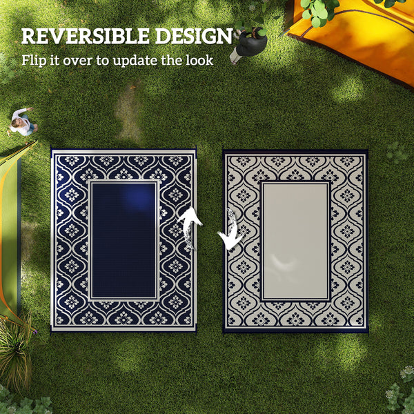 Reversible Outdoor RV Rug with Carry Bag, 8' x 10' Patio Floor Mat, Plastic Straw Rug for Backyard, Deck, Picnic, Beach, Camping, Gourd Border, Blue and White