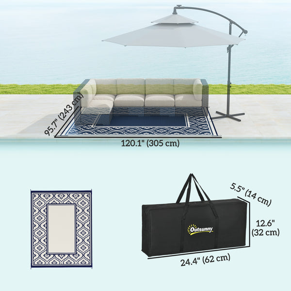 Reversible Outdoor RV Rug with Carry Bag, 8' x 10' Patio Floor Mat, Plastic Straw Rug for Backyard, Deck, Picnic, Beach, Camping, Gourd Border, Blue and White