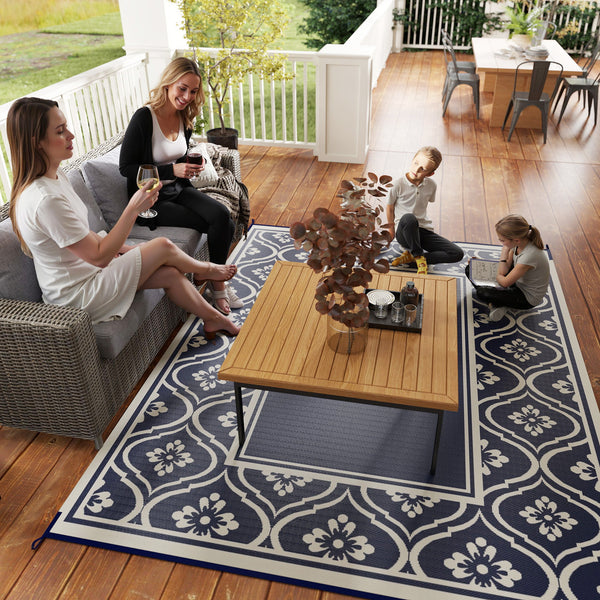 Reversible Outdoor RV Rug with Carry Bag, 8' x 10' Patio Floor Mat, Plastic Straw Rug for Backyard, Deck, Picnic, Beach, Camping, Gourd Border, Blue and White