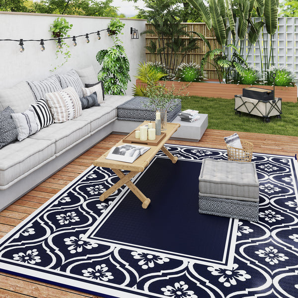 Reversible Outdoor RV Rug with Carry Bag, 8' x 10' Patio Floor Mat, Plastic Straw Rug for Backyard, Deck, Picnic, Beach, Camping, Gourd Border, Blue and White