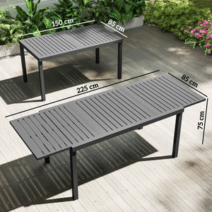 Extending Garden Table for 6-8 People, Full Aluminium Outdoor Dining Table with Slatted Top, Weatherproof Outdoor Dining Furniture for Patio, Balcony, 150/225 x 85 x 75 cm, Dark Grey