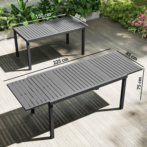 Extending Garden Table for 6-8 People, Full Aluminium Outdoor Dining Table with Slatted Top, Weatherproof Outdoor Dining Furniture for Patio, Balcony, 150/225 x 85 x 75 cm, Dark Grey