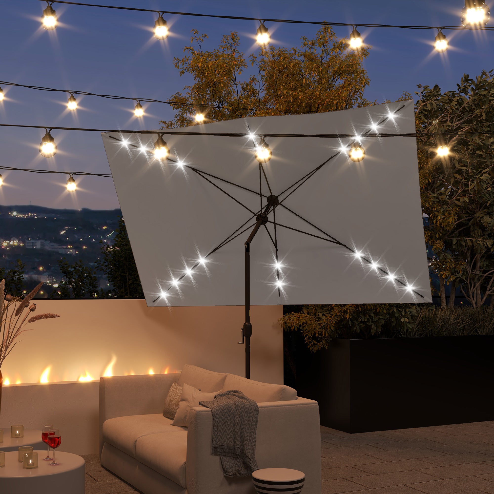Outsunny 6.5' x 10' Solar Rectangle Market Umbrella with LEDs, Light Grey