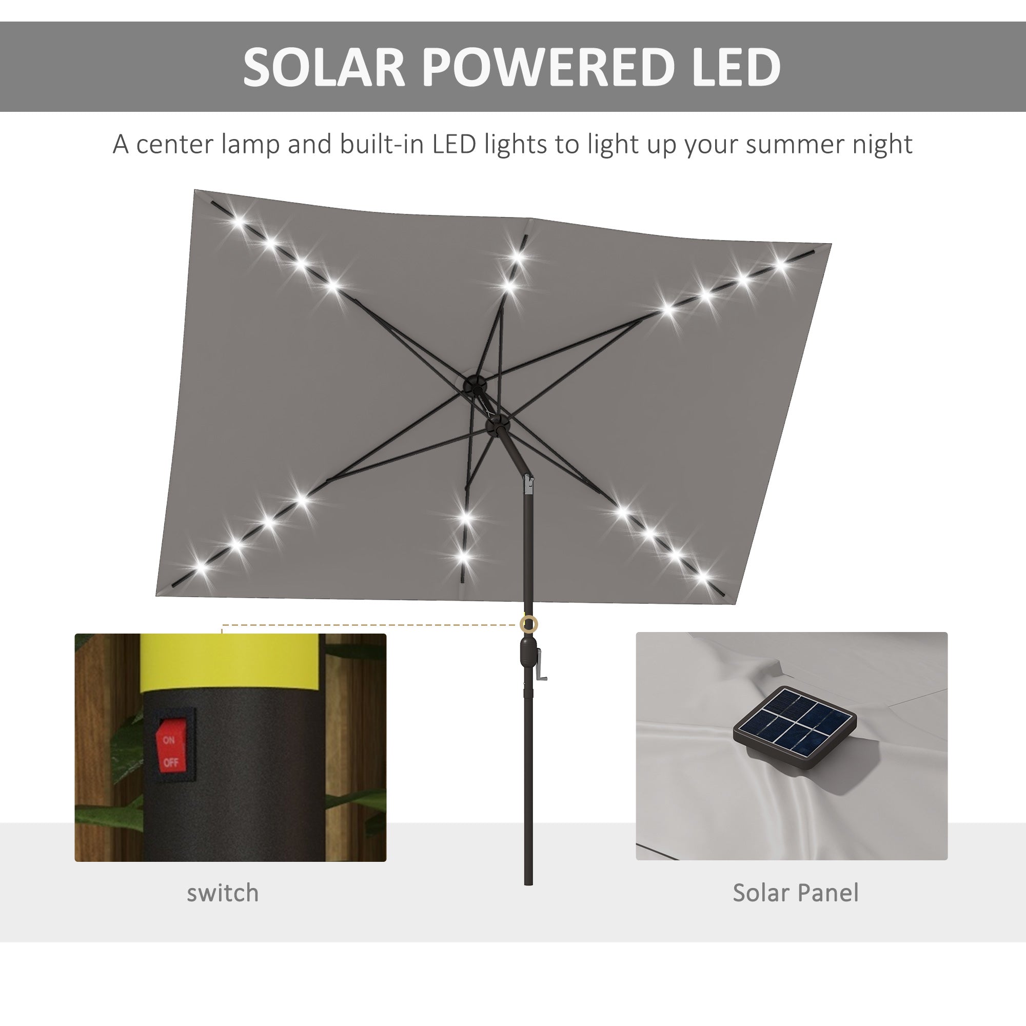 gray patio umbrella wirh lights Outsunny 6.5' x 10' Solar Rectangle Market Umbrella with LEDs, Light Grey