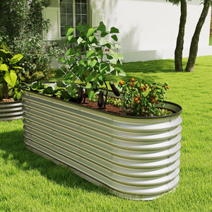 2Pcs Galvanized Raised Garden Bed, 6 x 2 x 2 ft Modular Metal Garden Beds with Rubber Strip Edging, Oval Outdoor Planter Box for Vegetables, Flowers, Herbs, Silver