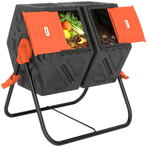 34.5 Gallon Dual Chamber Compost Bin, Rotating Composter, Compost Tumbler with 24 Ventilation Openings and Steel Legs, Orange