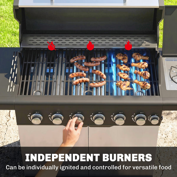 6+1 Burner Gas BBQ Grill, Portable Outdoor Barbecue Trolley with Wheels, Warming Rack, Built-in Thermometer, Side Shelves, Cabinet, Bottle Opener, Lid with Viewing Window, Silver Tone