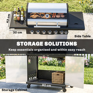 6+1 Burner Gas BBQ Grill, Portable Outdoor Barbecue Trolley with Wheels, Warming Rack, Built-in Thermometer, Side Shelves, Cabinet, Bottle Opener, Lid with Viewing Window, Silver Tone