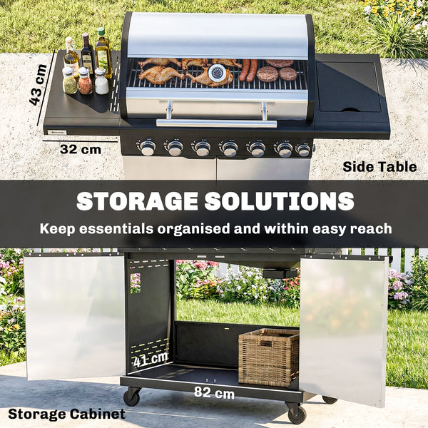 6+1 Burner Gas BBQ Grill, Portable Outdoor Barbecue Trolley with Wheels, Warming Rack, Built-in Thermometer, Side Shelves, Cabinet, Bottle Opener, Lid with Viewing Window, Silver Tone