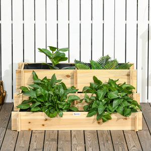 3-Tier Raised Garden Bed with 5 Compartments and Bed Liner, Fir Wood Elevated Planter Box, for Vegetables, Herbs, Outdoor Plants, 37 x 37 x 14in, Natural