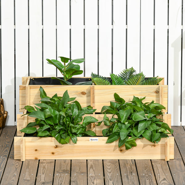 3-Tier Raised Garden Bed with 5 Compartments and Bed Liner, Fir Wood Elevated Planter Box, for Vegetables, Herbs, Outdoor Plants, 37 x 37 x 14in, Natural