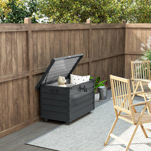 78 Gallon Garden Storage Box, Waterproof Outdoor Storage Container with Wheels and Handles, Lockable Galvanised Steel Outside Deck Box for Tools, Cushions, Dark Grey