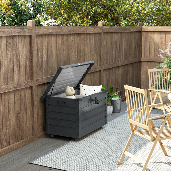 78 Gallon Garden Storage Box, Waterproof Outdoor Storage Container with Wheels and Handles, Lockable Galvanised Steel Outside Deck Box for Tools, Cushions, Dark Grey