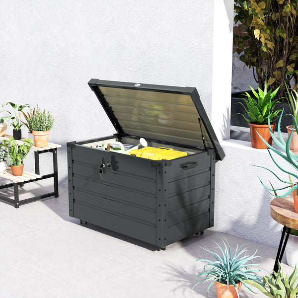 78 Gallon Garden Storage Box, Waterproof Outdoor Storage Container with Wheels and Handles, Lockable Galvanised Steel Outside Deck Box for Tools, Cushions, Dark Grey