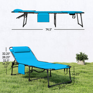 Folding Chaise Lounge with 5-level Reclining Back, Tanning Chair with Face Hole, Outdoor Lounge Chair with Side Pocket & Headrest for Beach, Yard, Patio, Blue