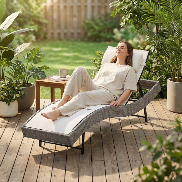 Rattan Sun Lounger, 5 Position Adjustable Garden Lounger Recliner with S Shaped Texteline Seat and Headrest, Reclining Outdoor Sunbed with Metal Frame for Patio, Terrace, Cream White