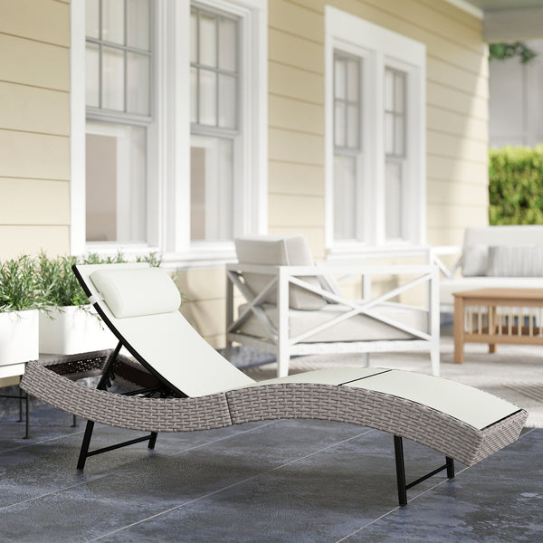 Rattan Sun Lounger, 5 Position Adjustable Garden Lounger Recliner with S Shaped Texteline Seat and Headrest, Reclining Outdoor Sunbed with Metal Frame for Patio, Terrace, Cream White