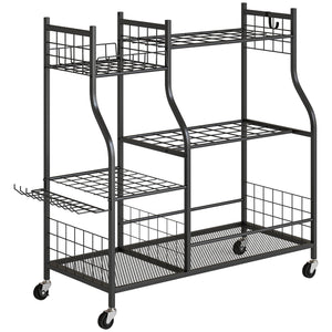 Garden Tool Organizer for Garage, 3-Tier Yard Tool Storage Rack with 74 Slots, 4 Wheels and 11 Hooks for Long-Handled Shovels and Rakes for Shed, Yard, Patio, Black