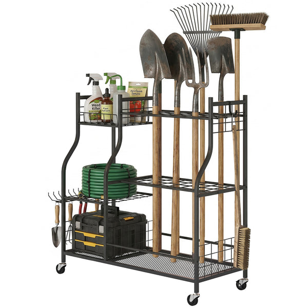 Garden Tool Organizer for Garage, 3-Tier Yard Tool Storage Rack with 74 Slots, 4 Wheels and 11 Hooks for Long-Handled Shovels and Rakes for Shed, Yard, Patio, Black