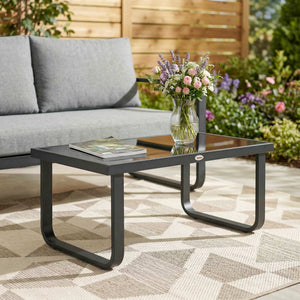 Metal Garden Coffee Table, Outdoor Rectangle Side Table with Tempered Glass Tabletop and Adjustable Foot Pads for Terrace, Balcony, Patio, 90 x 45 x 33 cm, Black