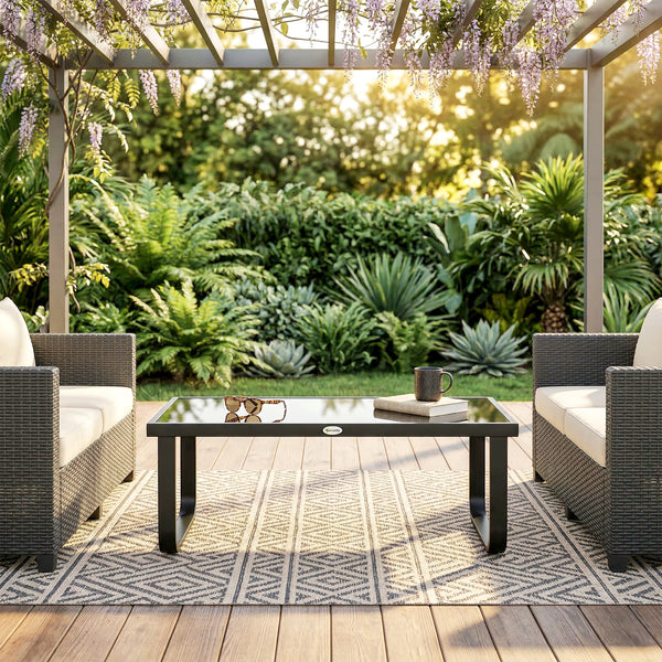 Metal Garden Coffee Table, Outdoor Rectangle Side Table with Tempered Glass Tabletop and Adjustable Foot Pads for Terrace, Balcony, Patio, 90 x 45 x 33 cm, Black