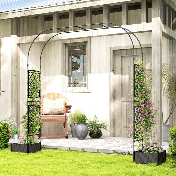7.2ft Garden Arch with 2 Planter Boxes, PE-Coated Steel Outdoor Trellis Arbor for Climbing Plants, Wedding Arch for Party Outdoor Garden Backyard, Black