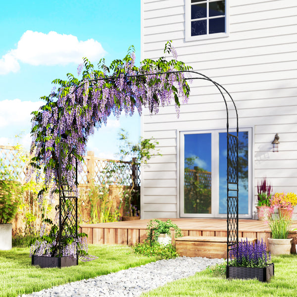 7.2ft Garden Arch with 2 Planter Boxes, PE-Coated Steel Outdoor Trellis Arbor for Climbing Plants, Wedding Arch for Party Outdoor Garden Backyard, Black