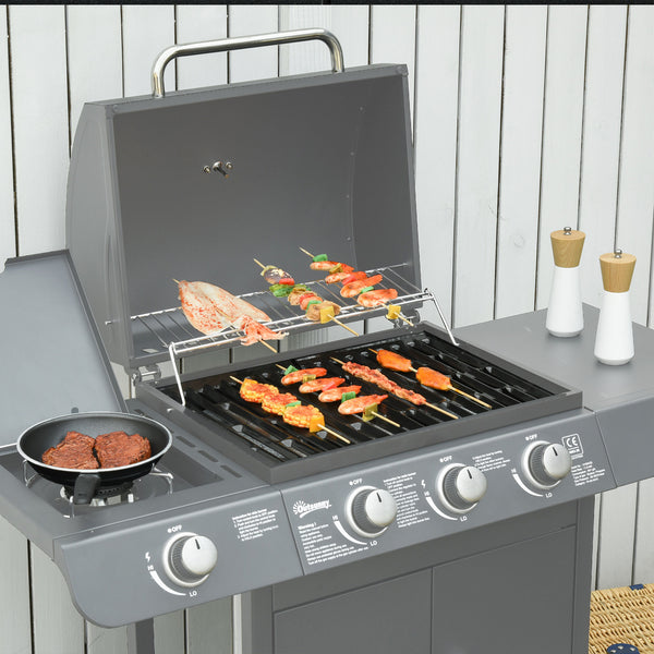3+1 Burner Gas BBQ Grill, Outdoor Barbecue Trolley with Wheels, Warming Rack, Side Shelves, Cabinet, Thermometer for Garden, Party, Camping, 110L x 50W x 100Hcm, Grey