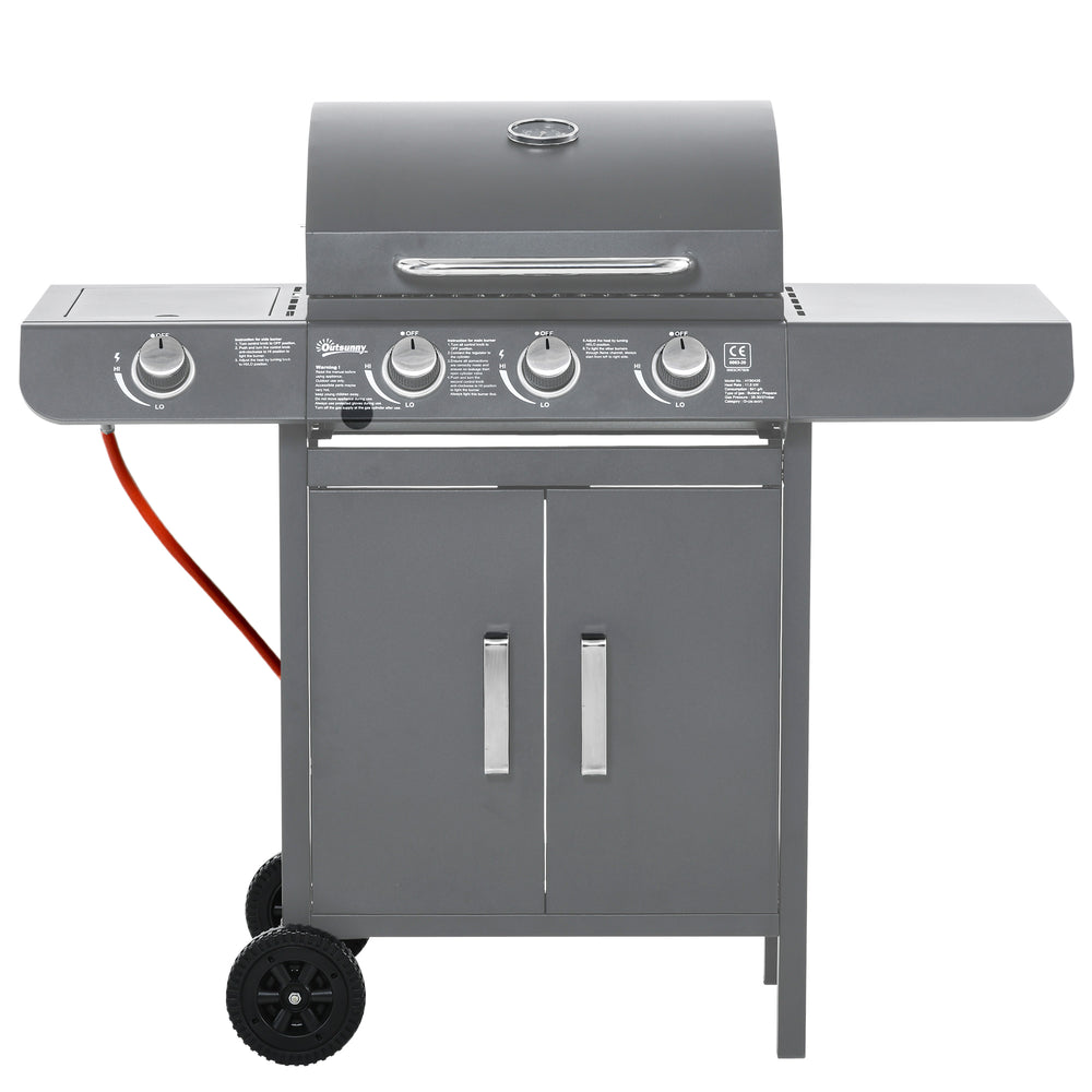 3+1 Burner Gas BBQ Grill, Outdoor Barbecue Trolley with Wheels, Warming Rack, Side Shelves, Cabinet, Thermometer for Garden, Party, Camping, 110L x 50W x 100Hcm, Grey