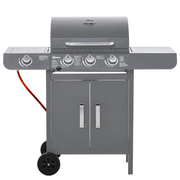 3+1 Burner Gas BBQ Grill, Outdoor Barbecue Trolley with Wheels, Warming Rack, Side Shelves, Cabinet, Thermometer for Garden, Party, Camping, 110L x 50W x 100Hcm, Grey