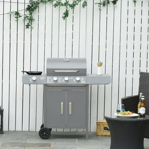3+1 Burner Gas BBQ Grill, Outdoor Barbecue Trolley with Wheels, Warming Rack, Side Shelves, Cabinet, Thermometer for Garden, Party, Camping, 110L x 50W x 100Hcm, Grey