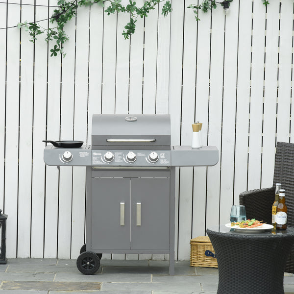 3+1 Burner Gas BBQ Grill, Outdoor Barbecue Trolley with Wheels, Warming Rack, Side Shelves, Cabinet, Thermometer for Garden, Party, Camping, 110L x 50W x 100Hcm, Grey