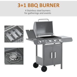 3+1 Burner Gas BBQ Grill, Outdoor Barbecue Trolley with Wheels, Warming Rack, Side Shelves, Cabinet, Thermometer for Garden, Party, Camping, 110L x 50W x 100Hcm, Grey