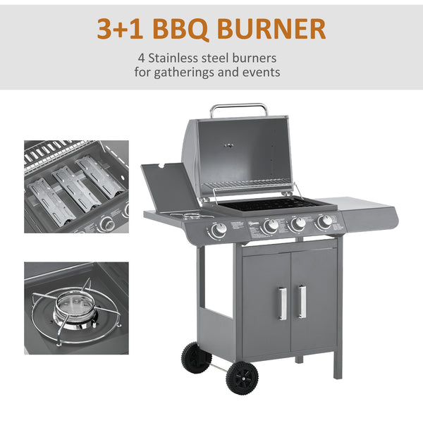 3+1 Burner Gas BBQ Grill, Outdoor Barbecue Trolley with Wheels, Warming Rack, Side Shelves, Cabinet, Thermometer for Garden, Party, Camping, 110L x 50W x 100Hcm, Grey