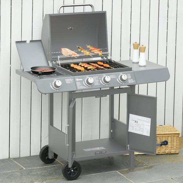 3+1 Burner Gas BBQ Grill, Outdoor Barbecue Trolley with Wheels, Warming Rack, Side Shelves, Cabinet, Thermometer for Garden, Party, Camping, 110L x 50W x 100Hcm, Grey