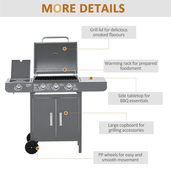 3+1 Burner Gas BBQ Grill, Outdoor Barbecue Trolley with Wheels, Warming Rack, Side Shelves, Cabinet, Thermometer for Garden, Party, Camping, 110L x 50W x 100Hcm, Grey