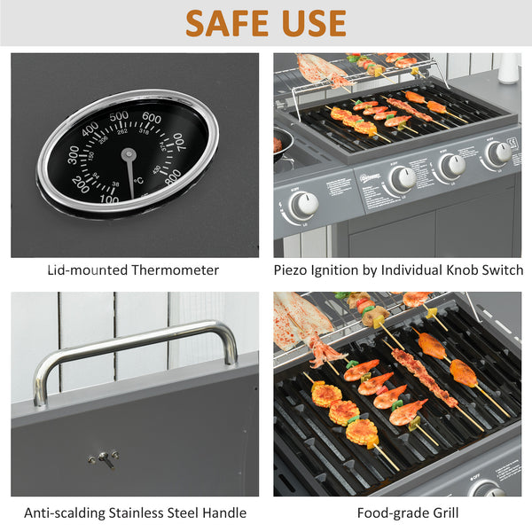 3+1 Burner Gas BBQ Grill, Outdoor Barbecue Trolley with Wheels, Warming Rack, Side Shelves, Cabinet, Thermometer for Garden, Party, Camping, 110L x 50W x 100Hcm, Grey
